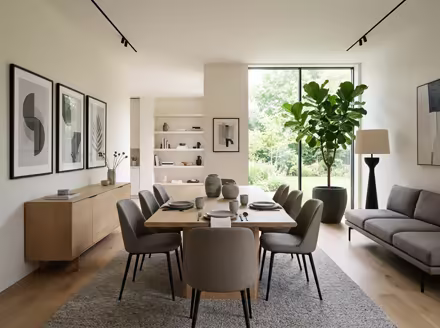 AI-generated modern dining room interior design: clean-lined contemporary furniture