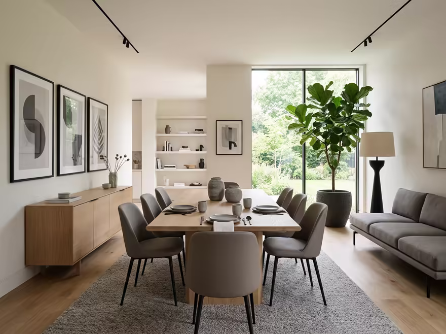 AI-generated modern dining room interior design: clean-lined contemporary furniture