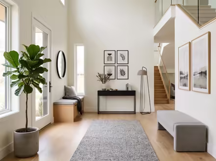 AI-generated modern entryway interior design: clean-lined contemporary furniture