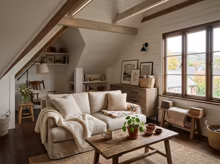 AI-generated modern farmhouse attic interior design: white shiplap-style wall paneling