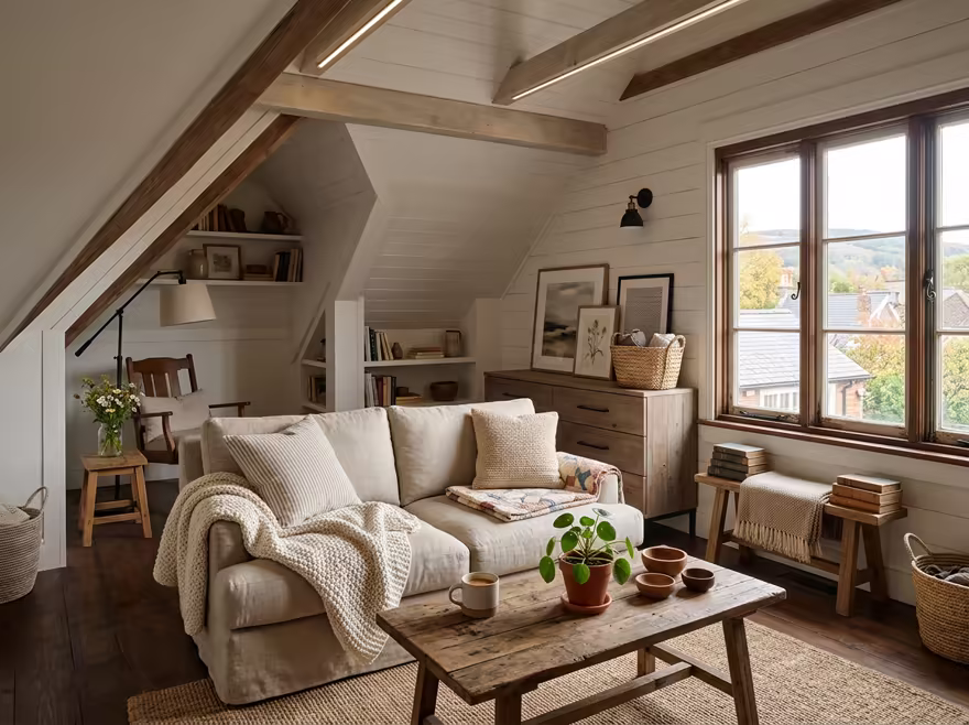 AI-generated modern farmhouse attic interior design: white shiplap-style wall paneling