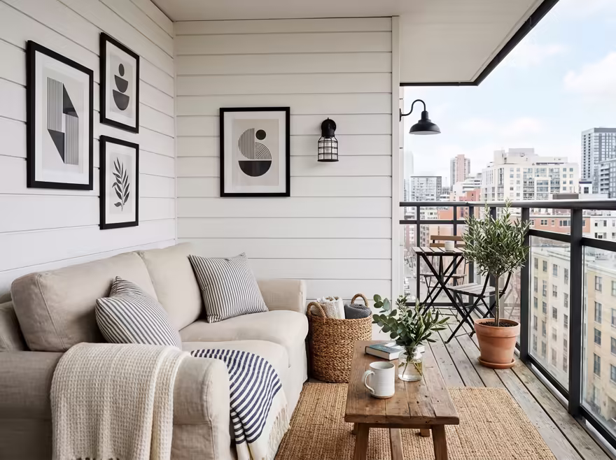 AI-generated modern farmhouse balcony interior design: white shiplap-style wall paneling