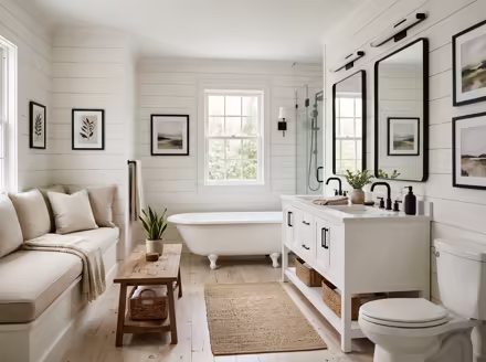 AI-generated modern farmhouse bathroom interior design: white shiplap-style wall paneling