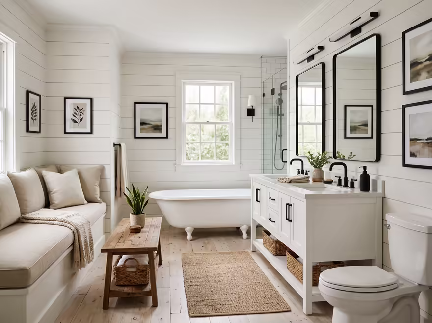 AI-generated modern farmhouse bathroom interior design: white shiplap-style wall paneling