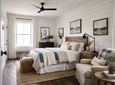 AI-generated modern farmhouse bedroom interior design: white shiplap-style wall paneling