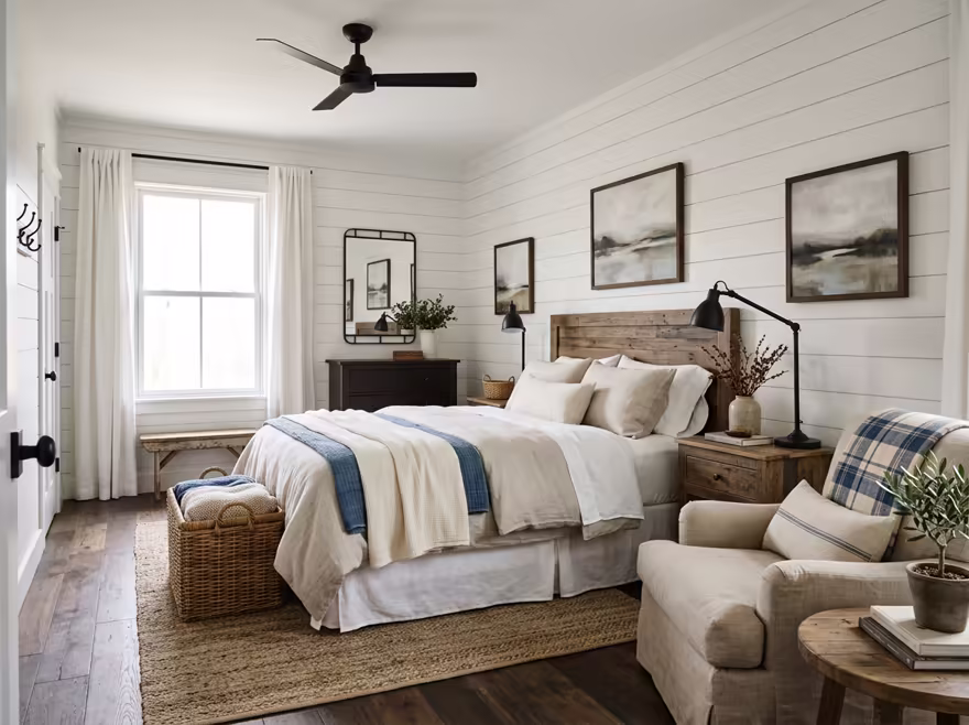 AI-generated modern farmhouse bedroom interior design: white shiplap-style wall paneling