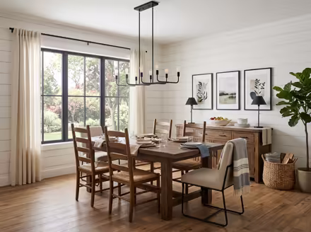 AI-generated modern farmhouse dining room interior design: white shiplap-style wall paneling