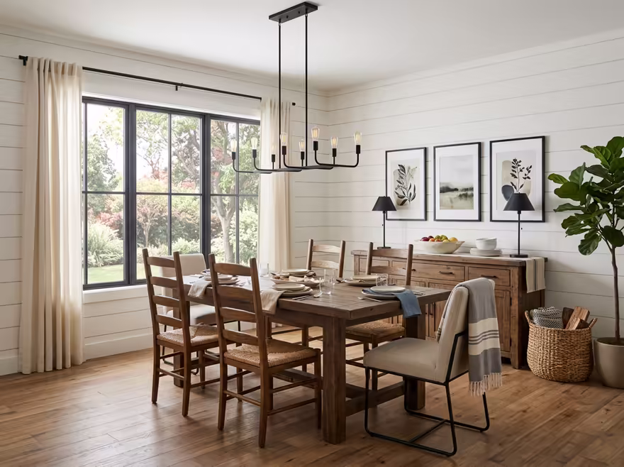 AI-generated modern farmhouse dining room interior design: white shiplap-style wall paneling