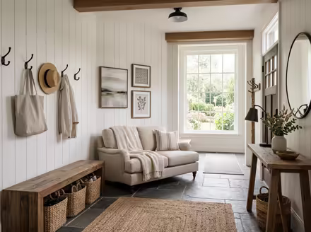 AI-generated modern farmhouse entryway interior design: white shiplap-style wall paneling