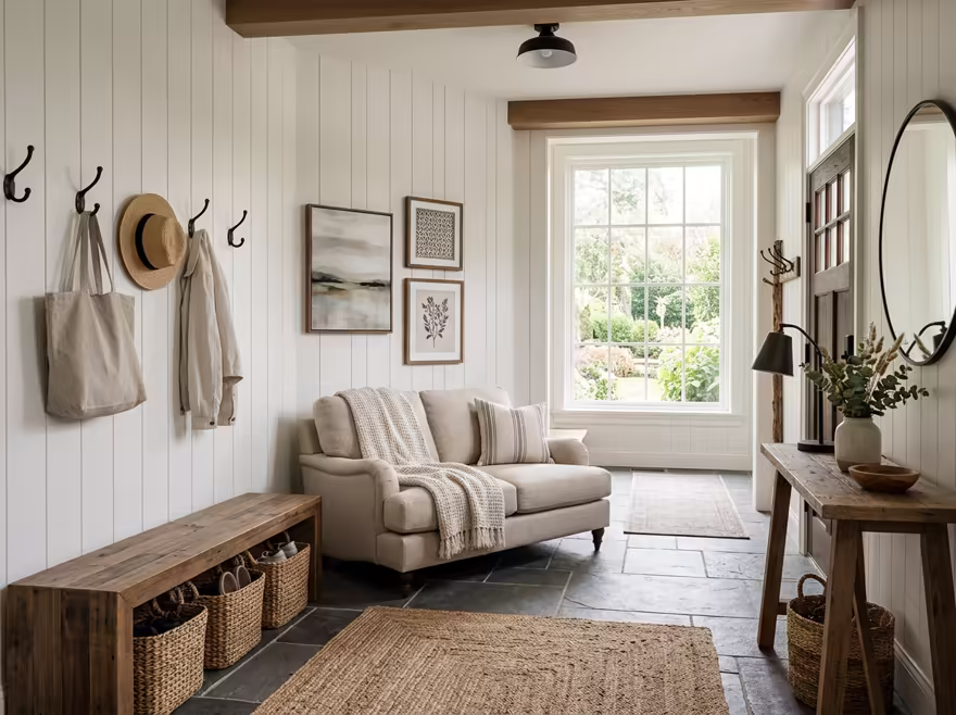 AI-generated modern farmhouse entryway interior design: white shiplap-style wall paneling