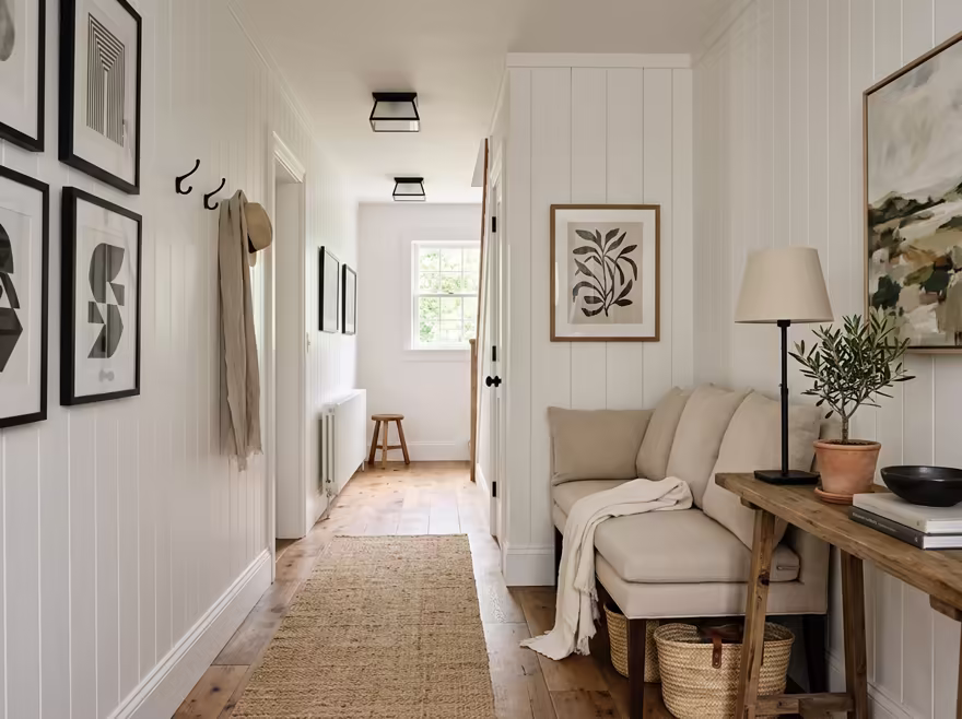 AI-generated modern farmhouse hallway interior design: white shiplap-style wall paneling