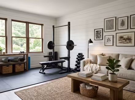AI-generated modern farmhouse home gym interior design: white shiplap-style wall paneling