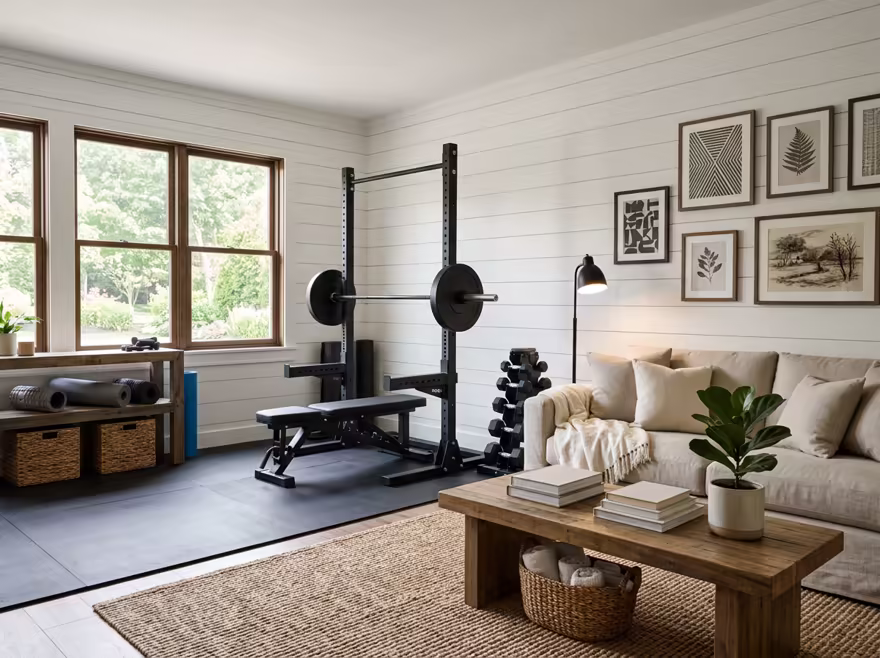 AI-generated modern farmhouse home gym interior design: white shiplap-style wall paneling