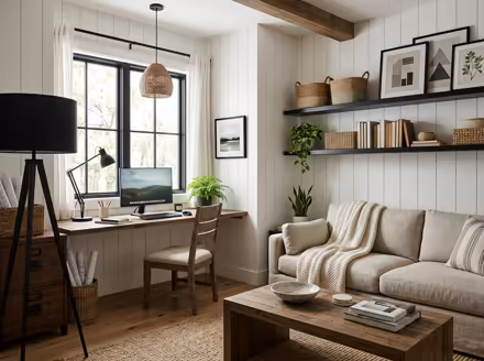 AI-generated modern farmhouse home office interior design: white shiplap-style wall paneling