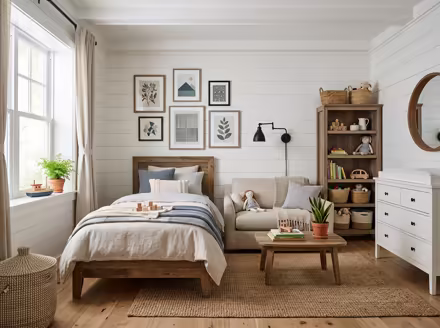 AI-generated modern farmhouse kids room interior design: white shiplap-style wall paneling