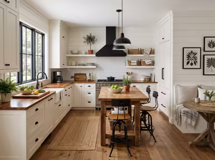 AI-generated modern farmhouse kitchen interior design: white shiplap-style wall paneling