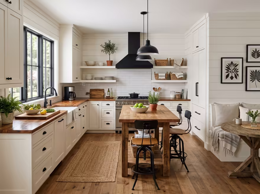 AI-generated modern farmhouse kitchen interior design: white shiplap-style wall paneling