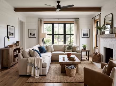 AI-generated modern farmhouse living room interior design: white shiplap-style wall paneling