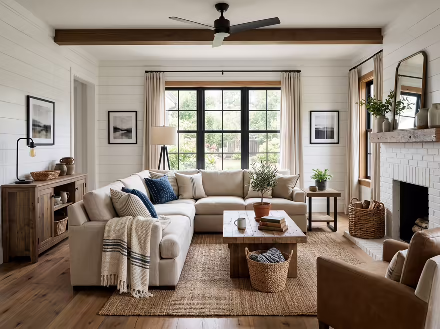 AI-generated modern farmhouse living room interior design: white shiplap-style wall paneling