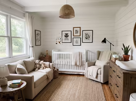 AI-generated modern farmhouse nursery interior design: white shiplap-style wall paneling