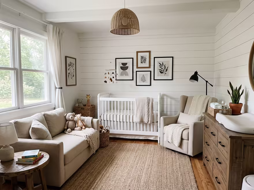 AI-generated modern farmhouse nursery interior design: white shiplap-style wall paneling