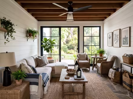 AI-generated modern farmhouse patio interior design: white shiplap-style wall paneling