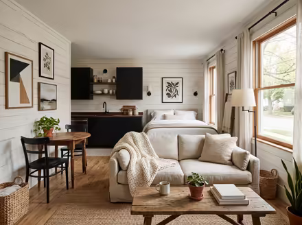 AI-generated modern farmhouse studio apartment interior design: white shiplap-style wall paneling