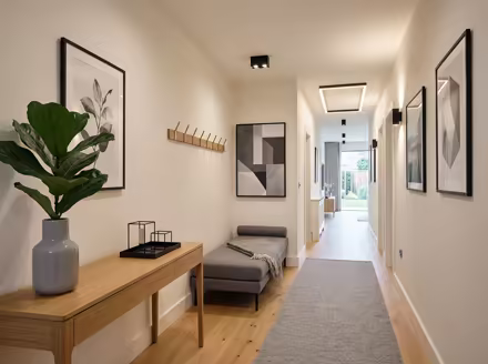 AI-generated modern hallway interior design: clean-lined contemporary furniture