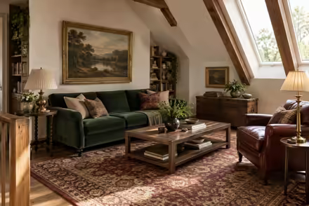 AI-generated modern heritage attic interior design: heritage color in a home today: one deep forest-green velvet sofa