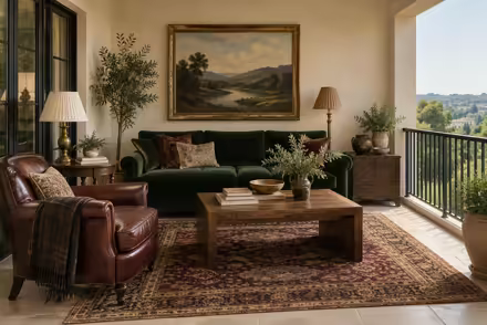 AI-generated modern heritage balcony interior design: heritage color in a home today: one deep forest-green velvet sofa