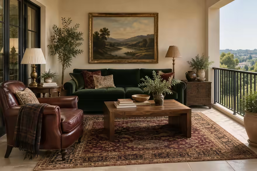 AI-generated modern heritage balcony interior design: heritage color in a home today: one deep forest-green velvet sofa