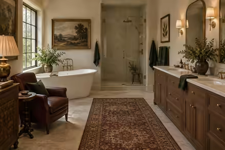 AI-generated modern heritage bathroom interior design: heritage color in a home today: one deep forest-green velvet sofa