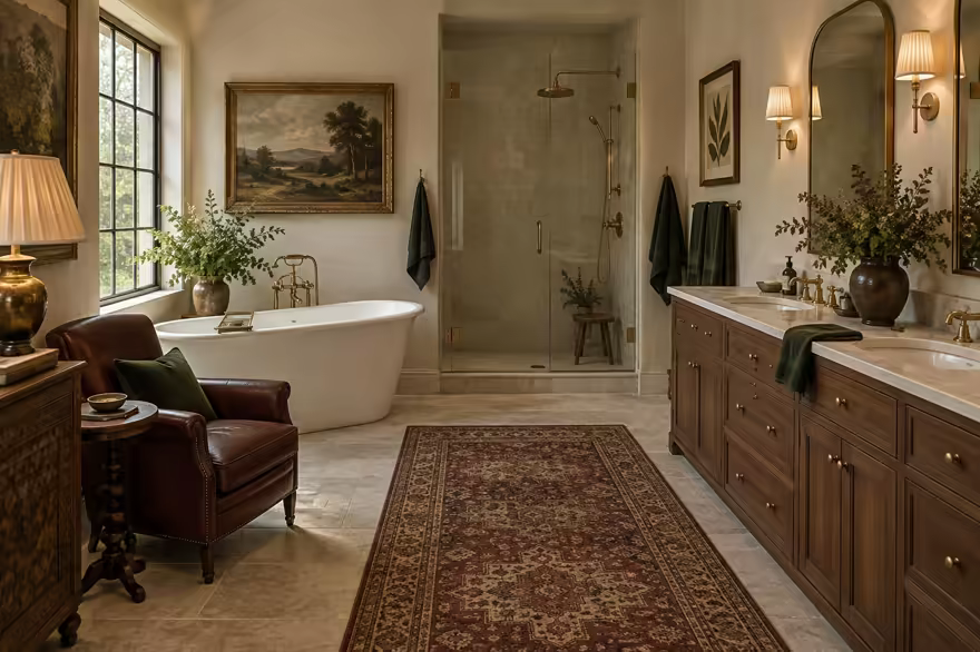 AI-generated modern heritage bathroom interior design: heritage color in a home today: one deep forest-green velvet sofa