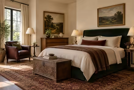 AI-generated modern heritage bedroom interior design: heritage color in a home today: one deep forest-green velvet sofa