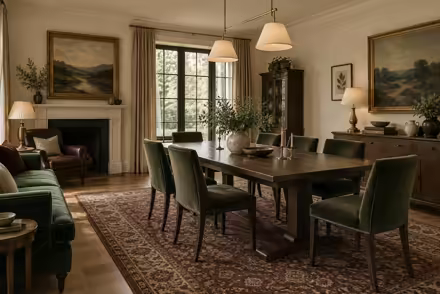 AI-generated modern heritage dining room interior design: heritage color in a home today: one deep forest-green velvet sofa