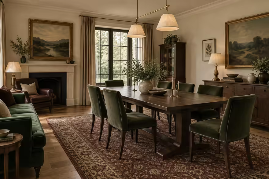 AI-generated modern heritage dining room interior design: heritage color in a home today: one deep forest-green velvet sofa