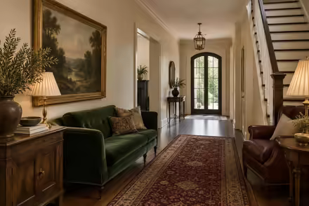 AI-generated modern heritage hallway interior design: heritage color in a home today: one deep forest-green velvet sofa