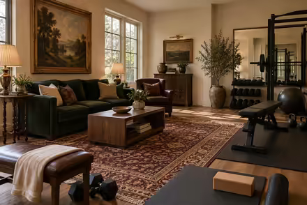 AI-generated modern heritage home gym interior design: heritage color in a home today: one deep forest-green velvet sofa