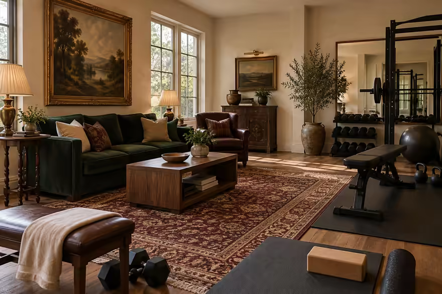AI-generated modern heritage home gym interior design: heritage color in a home today: one deep forest-green velvet sofa