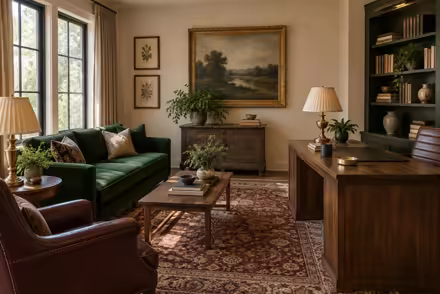 AI-generated modern heritage home office interior design: heritage color in a home today: one deep forest-green velvet sofa
