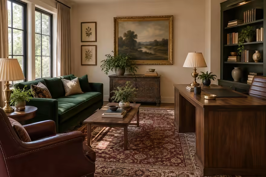 AI-generated modern heritage home office interior design: heritage color in a home today: one deep forest-green velvet sofa