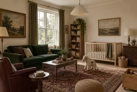 AI-generated modern heritage kids room interior design: heritage color in a home today: one deep forest-green velvet sofa