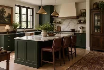 AI-generated modern heritage kitchen interior design: heritage color in a home today: one deep forest-green velvet sofa