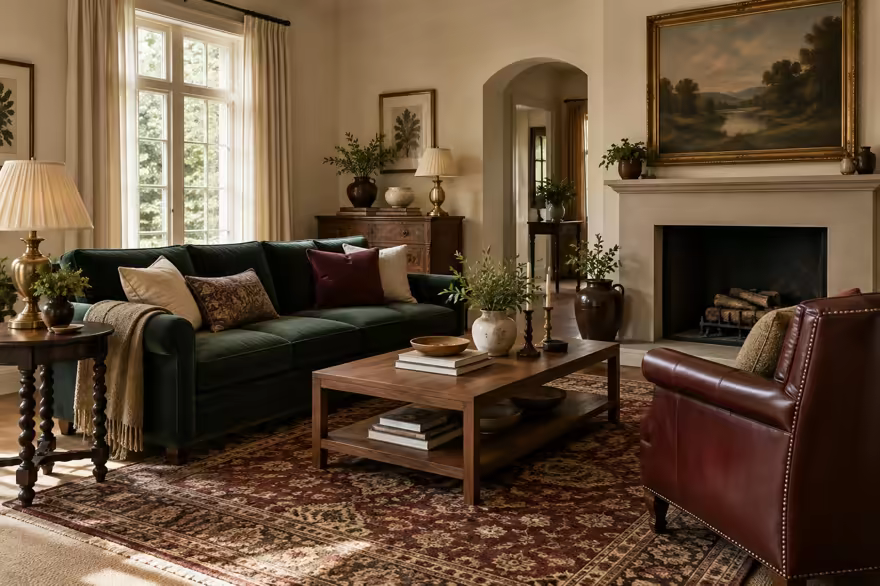 AI-generated modern heritage living room interior design: heritage color in a home today: one deep forest-green velvet sofa