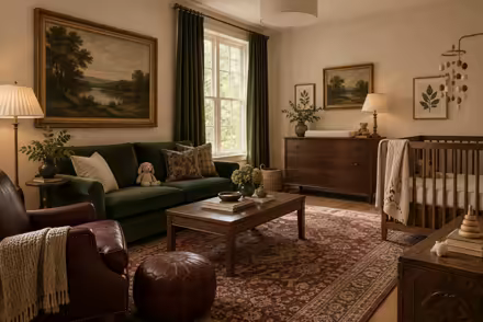 AI-generated modern heritage nursery interior design: heritage color in a home today: one deep forest-green velvet sofa