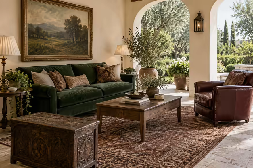AI-generated modern heritage patio interior design: heritage color in a home today: one deep forest-green velvet sofa