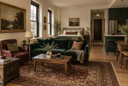 AI-generated modern heritage studio apartment interior design: heritage color in a home today: one deep forest-green velvet sofa