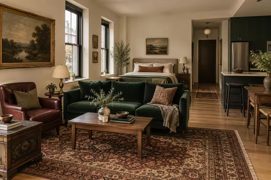 AI-generated modern heritage studio apartment interior design: heritage color in a home today: one deep forest-green velvet sofa