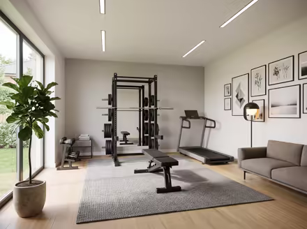 AI-generated modern home gym interior design: clean-lined contemporary furniture