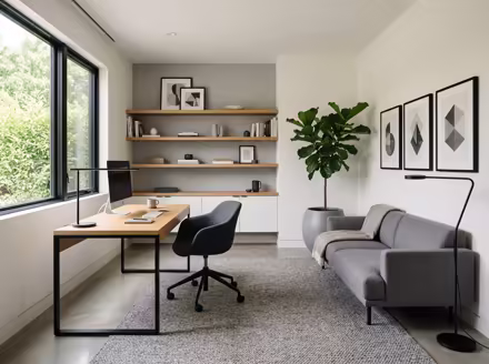 AI-generated modern home office interior design: clean-lined contemporary furniture